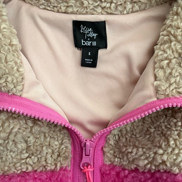 Becca Tilley x Bar III Sherpa Colorblocked Jacket Pink Cream Tan Womens Medium - Picture 6 of 7